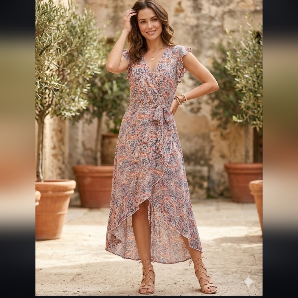 Grecerelle Paisley Wrap Style High-Low Multi-colored Dress Size S